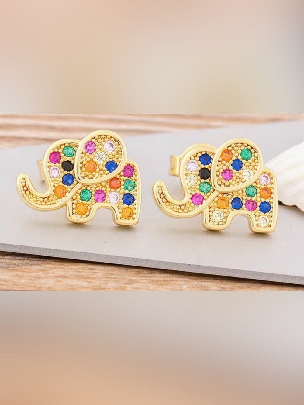 Elephant Stud Earrings with Multicolour Cubic Zirconias